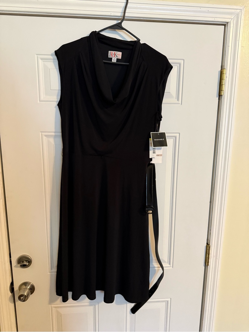 R&K Size 12 BRAND NEW WITH TAGS Black Cowl-Neck Midi Dress with belt